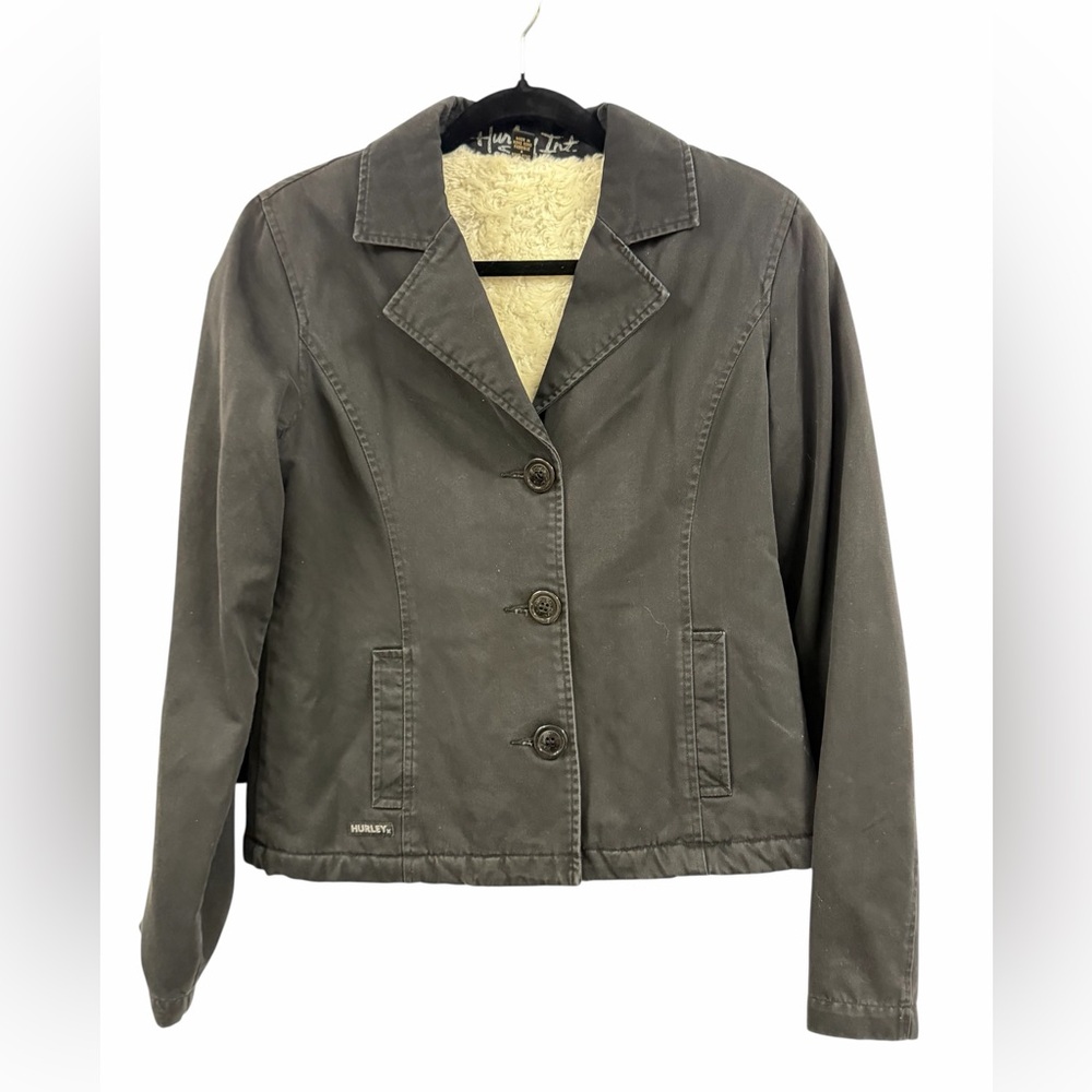 Hurley Sherpa Lined Utility Jacket Women’s Charcoal Button Front Coat Size M - Picture 2 of 4